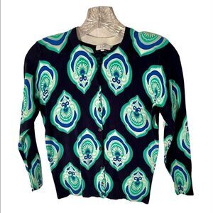 Crown & Ivy Women's Medium Cardigan Sweater 3/4 Sleeves Navy Green SzPP.